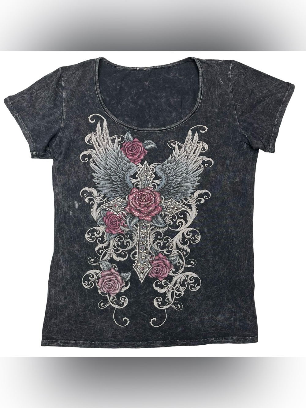Harley-Davidson Black Scoop Neck Tee with Pink Rose & Wing Cross Graphic
